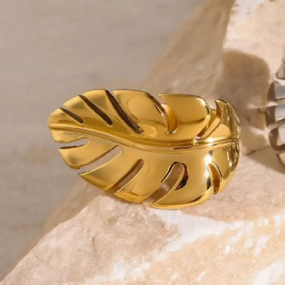 Gold Feather Leaf Leaves Ring Adjustable Stainless Steel Gold Plated